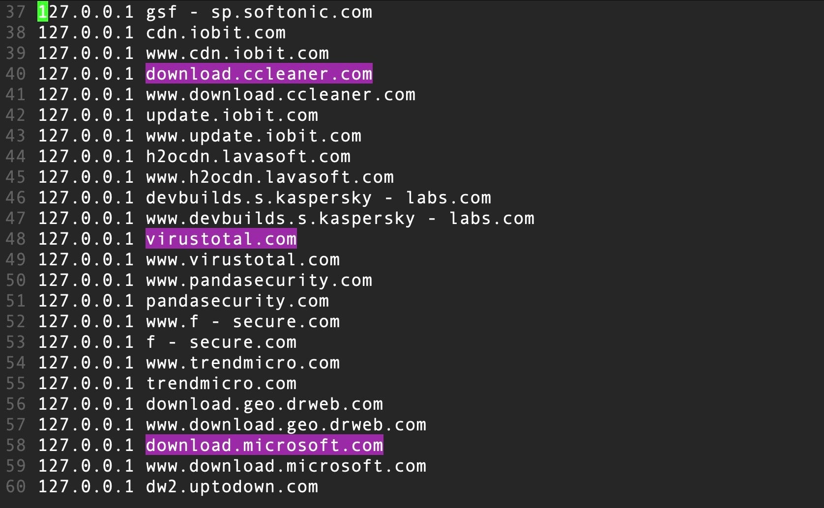 Some of the almost 100 domain names added to the Hosts file