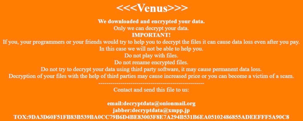 Venus ransomware ransom note