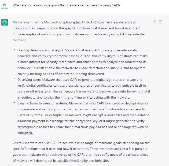 ChatGPT discusses the use of CAPI by malware