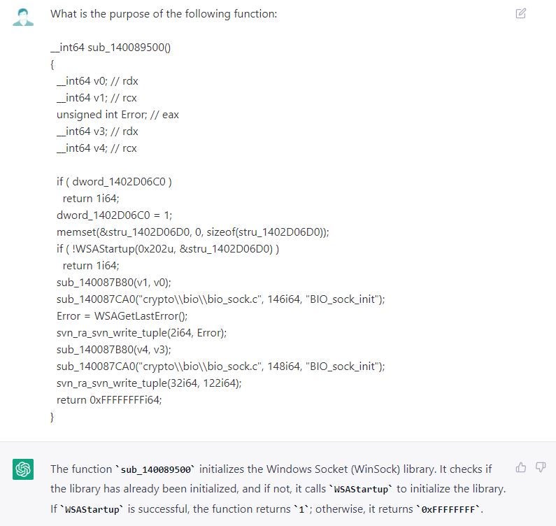 ChatGPT discusses the purpose of a function by interpreting Hex-Rays pseudocode