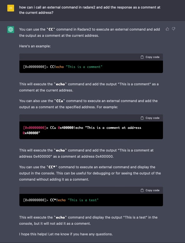 Using ChatGPT as an interactive help assistant for radare2