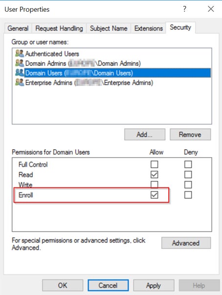 A standard User Certificate template may grant the Domain Users group with “Enroll“ permissions