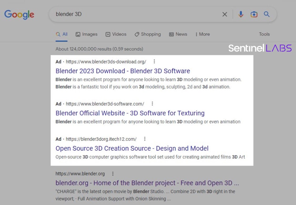Malicious advertisements (“Blender 3D” Google search)
