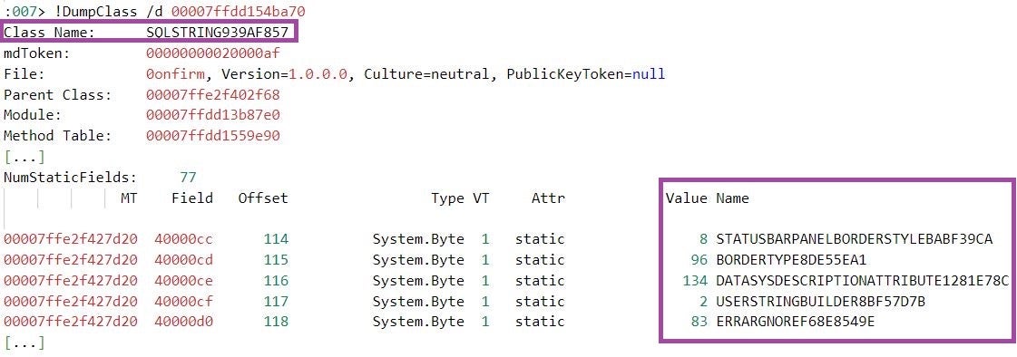 Values of constant variables in the memory of a virtualized MalVirt assembly