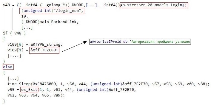 DDOSIA authenticates itself to a C2 server (‘Авторизация пройдена успешно’ translates from Russian to ‘Authorization completed successfully’)