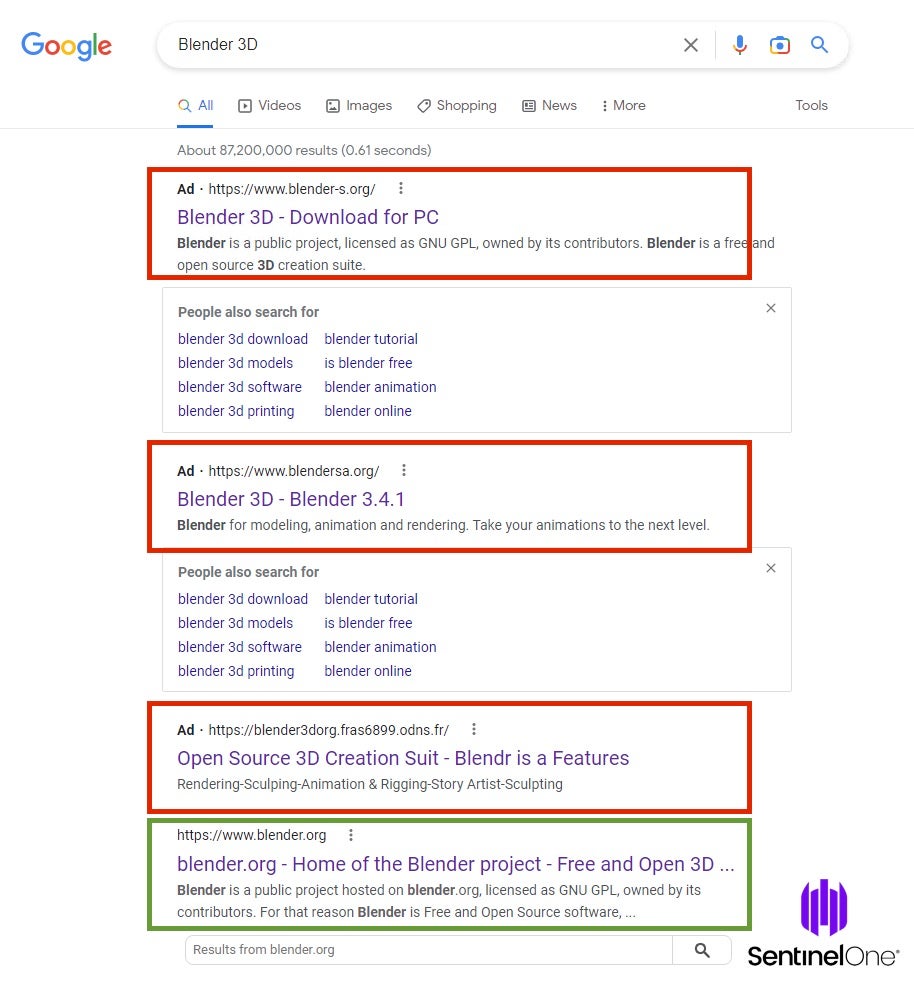 January 18th 2023 SEO Poisoning Results for Blender 3D