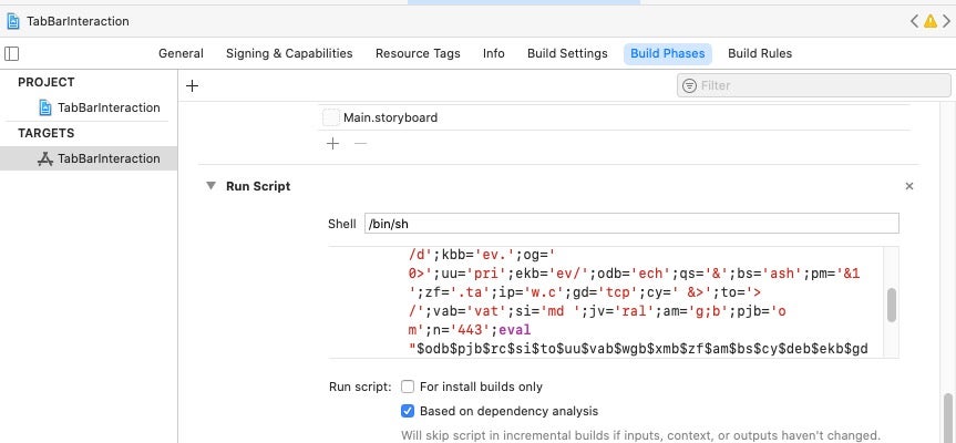 The project’s Build Phases included an obfuscated Run Script that would execute when the developer’s build target was launched