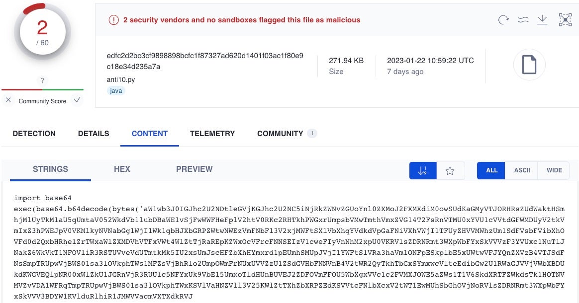 obfuscated python malware on virus total