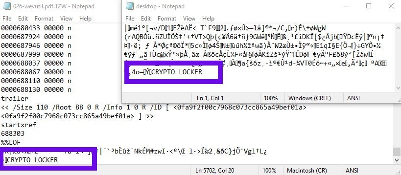 Examples of CRYPTO LOCKER markers at EOF (TZW and LOLKEK variants).