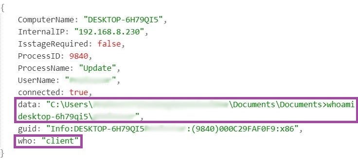 Command output from the infected machine (deobfuscated form)