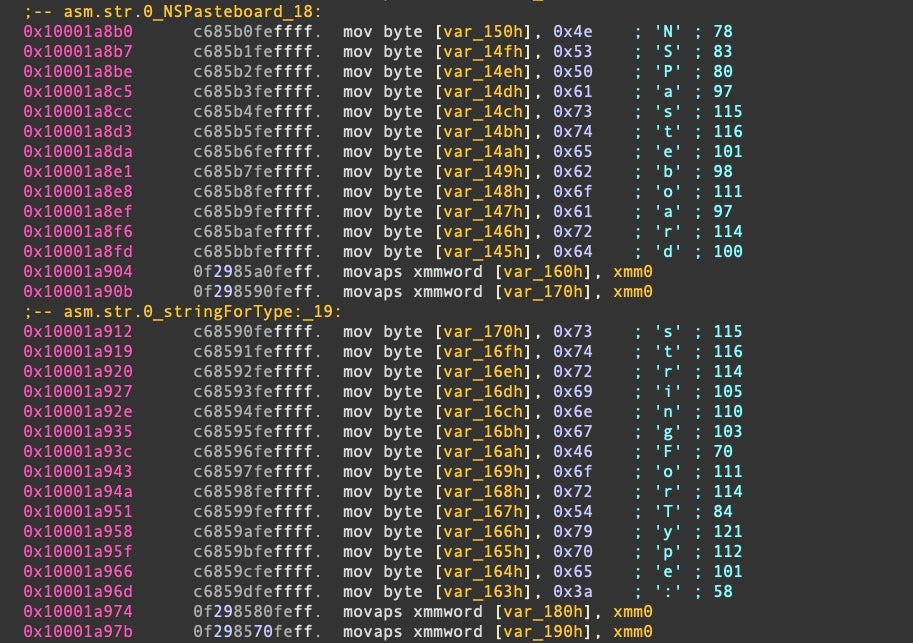 Stack strings seen in Xloader Info Stealer on macOS