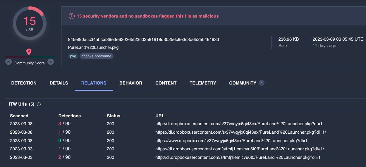 Pureland Info Stealer hosted on Dropbox (Source: VirusTotal)