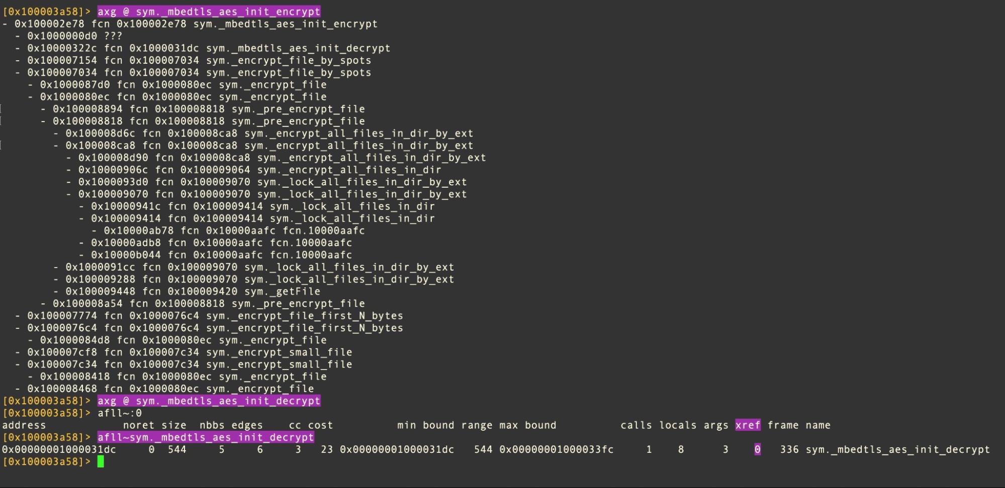 Multiple cross-references appear for encryption functions, but none for decryption