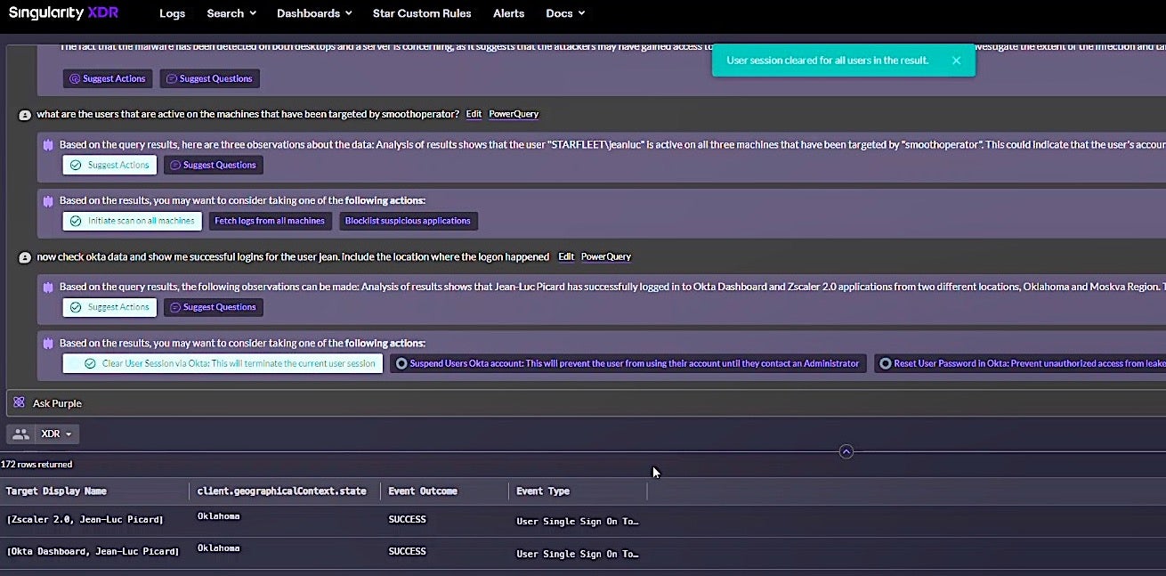PurpleAI threat hunting console generative AI