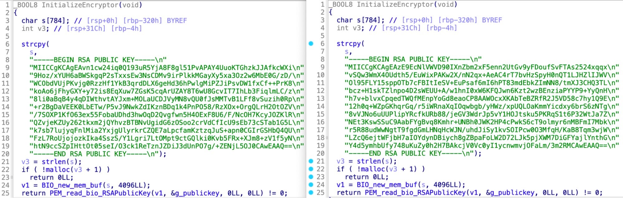 InitializeEncryptor functions from RHKRC (left) and Conti POC