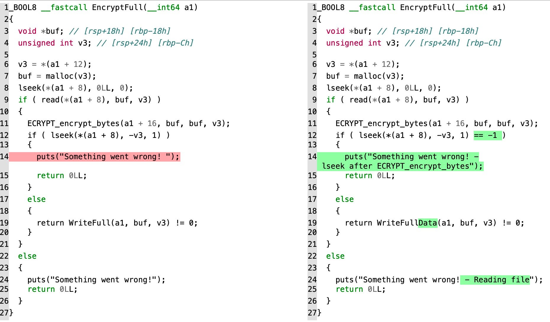 EncryptFull functions from RHKRC (left) and Conti POC