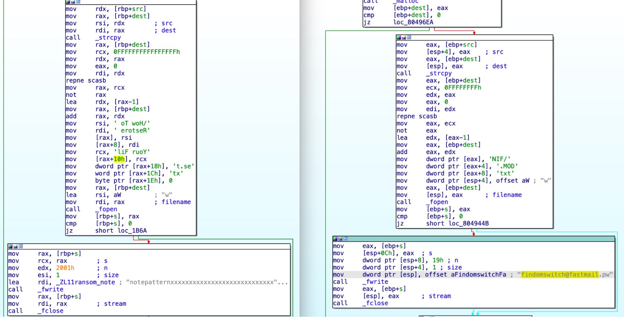 Baseline Babuk (left) and Play disassembly of a ransom note construction function.