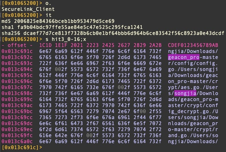 The user’s path to Geacon_Pro source remains embedded in the binary