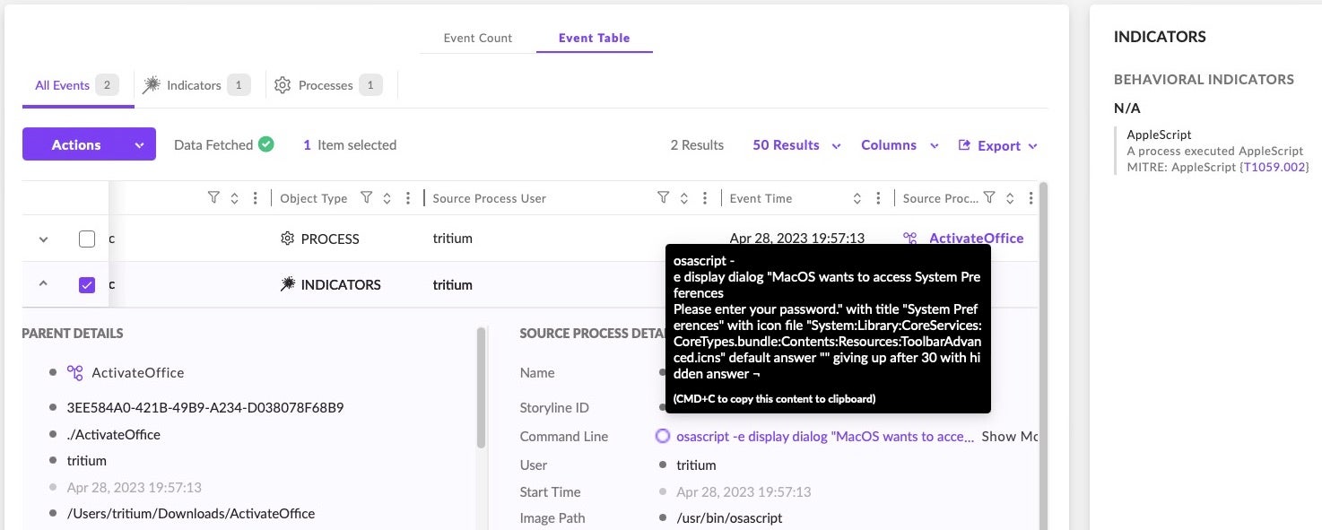 SentinelOne console reveals Atomic Stealer command line activity