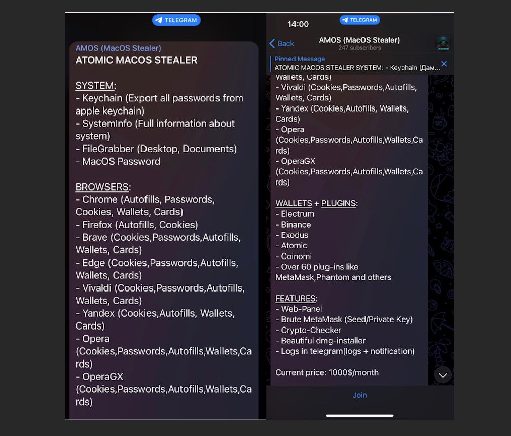 Atomic Stealer as advertised on Telegram