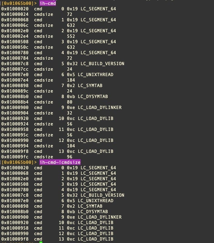 Filtering wanted and unwanted information with r2’s ~ command