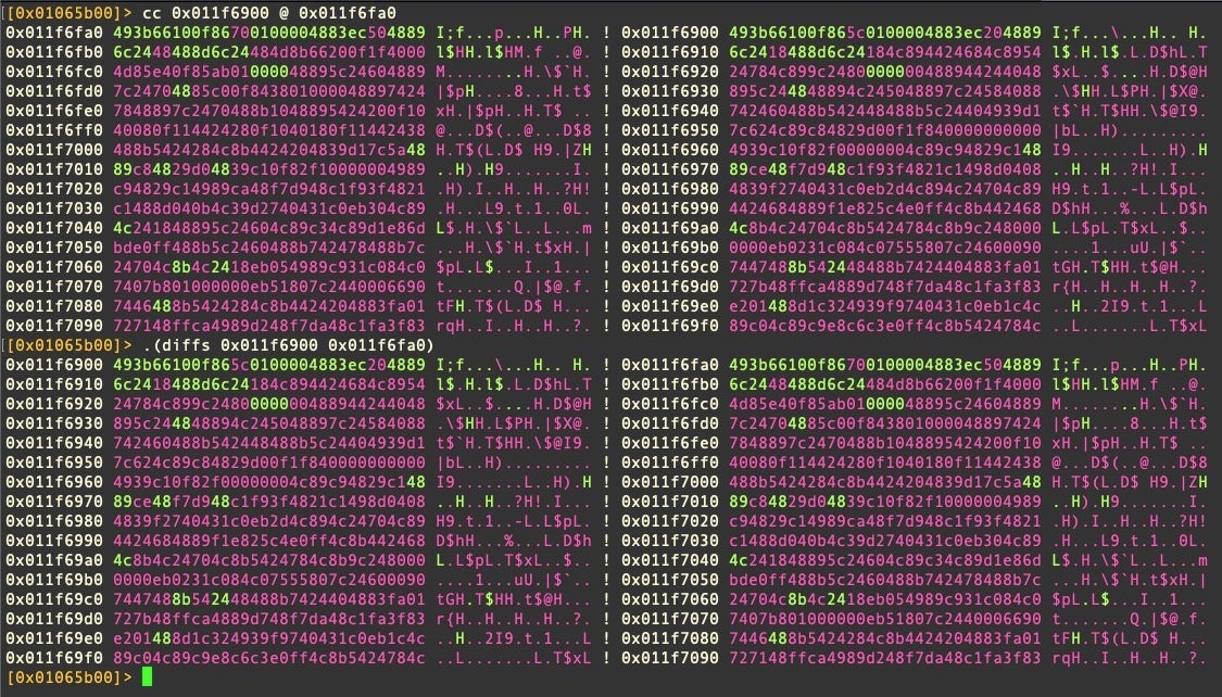 The cc command places the output of the first address to the right of the second address. The .(diffs) macro fixes this