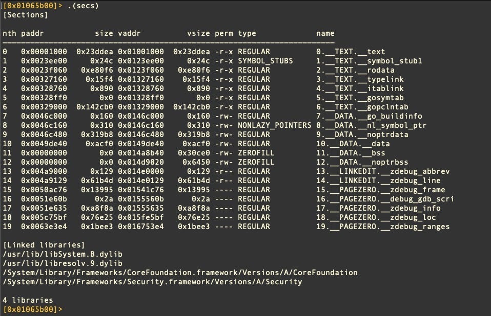 Calling a macro in r2 to print out a binary’s sections and linked libraries