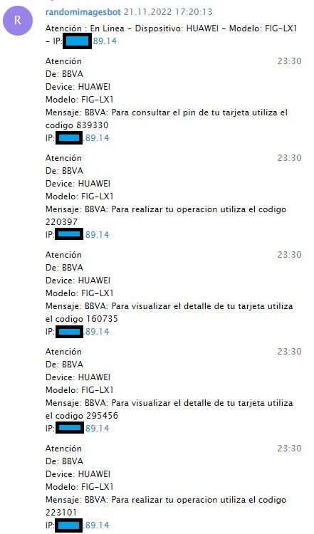 Fig 7: Telegram messages showing exfiltrated BBVA OTPs