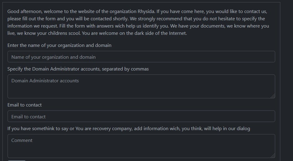 Rhysida portal’s additional details form