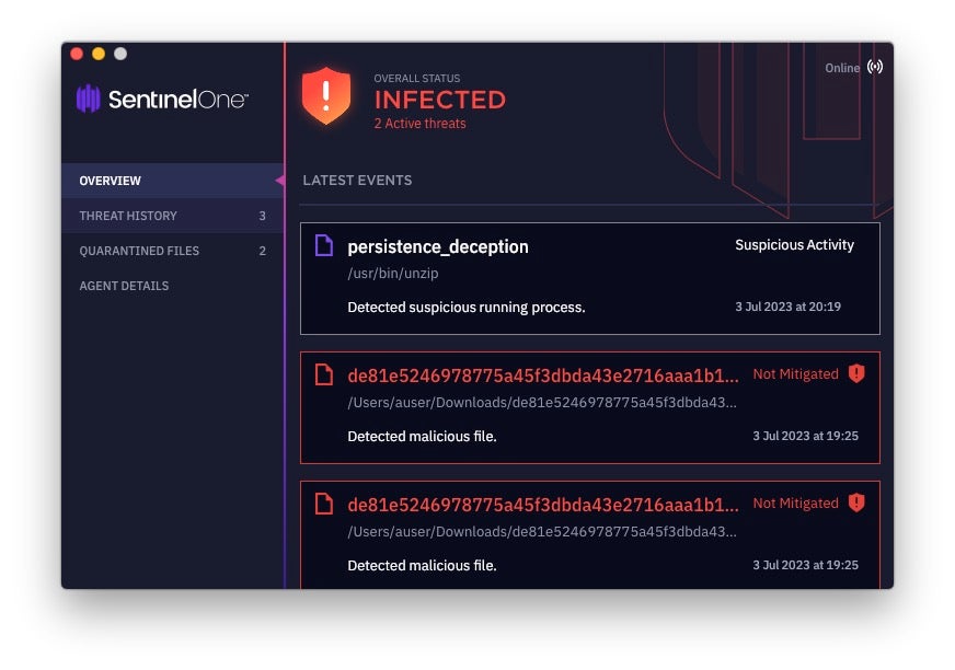 SentinelOne Agent User Interface Detects RustBucket malware