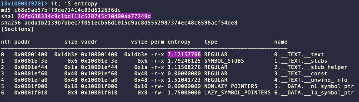 The XLoader binaries exhibit high entropy in the __text section