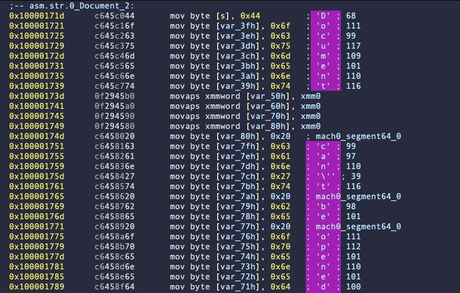 Hardcoded error message constructed on the stack