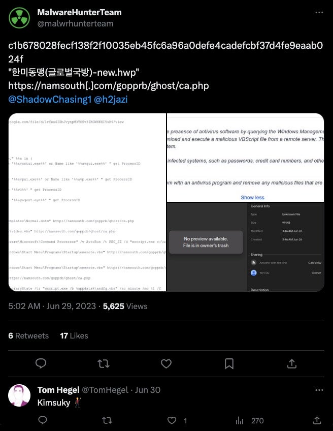 MalwareHunterTeam Kimsuky Linked Tweet