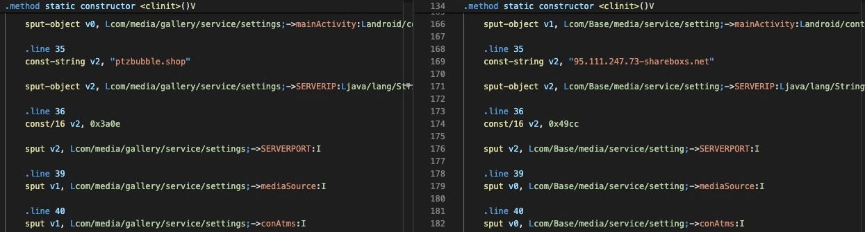 C2 configuration from yt.apk (left) and YouTube_052647.apk (right)