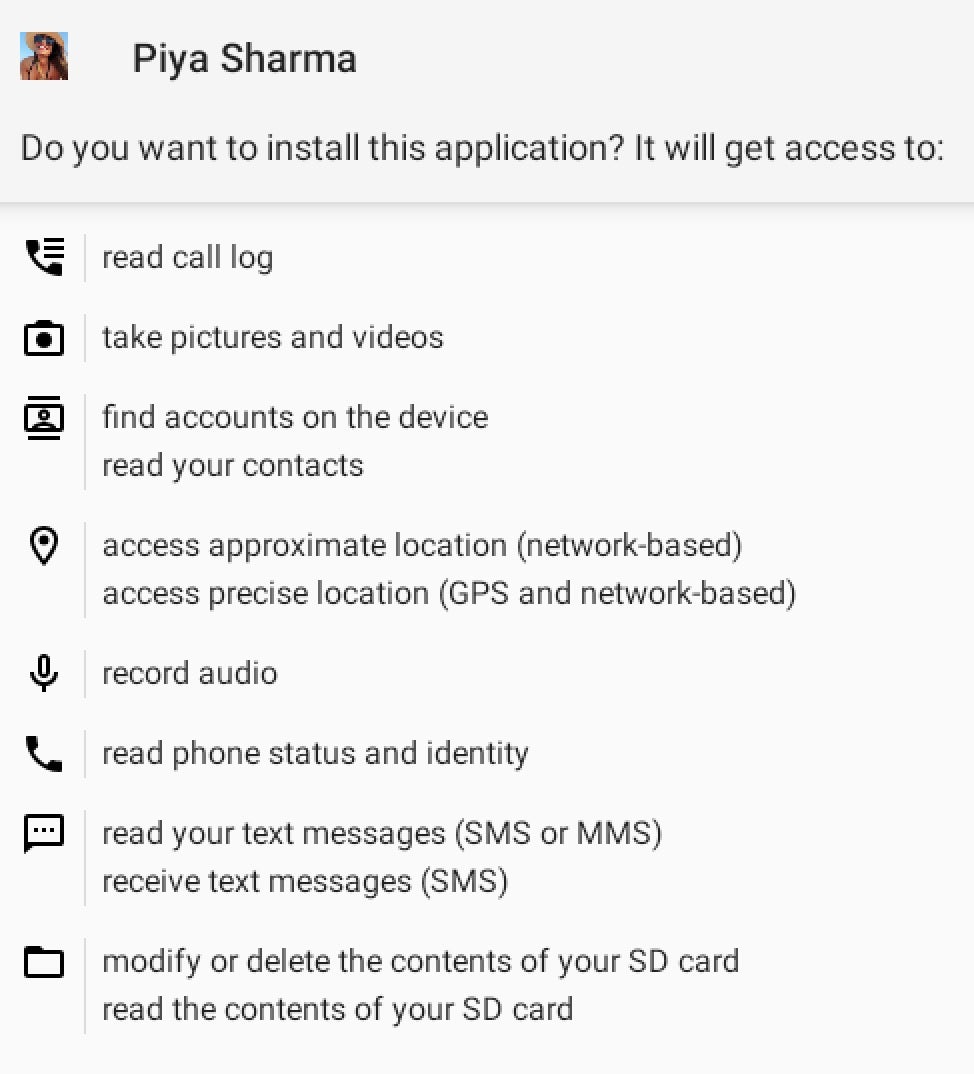 Installation permissions requested by the Piya Sharma APK