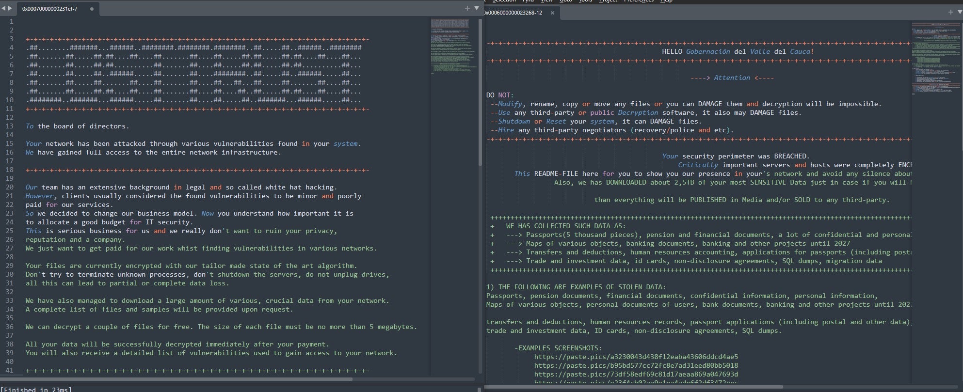 LostTrust vs SFile ransom notes (head)