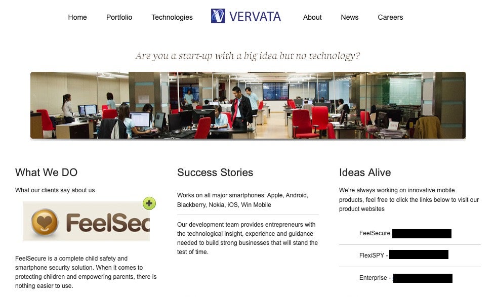 Archived snapshot of Vervata homepage, FlexiSPY product offering at the time