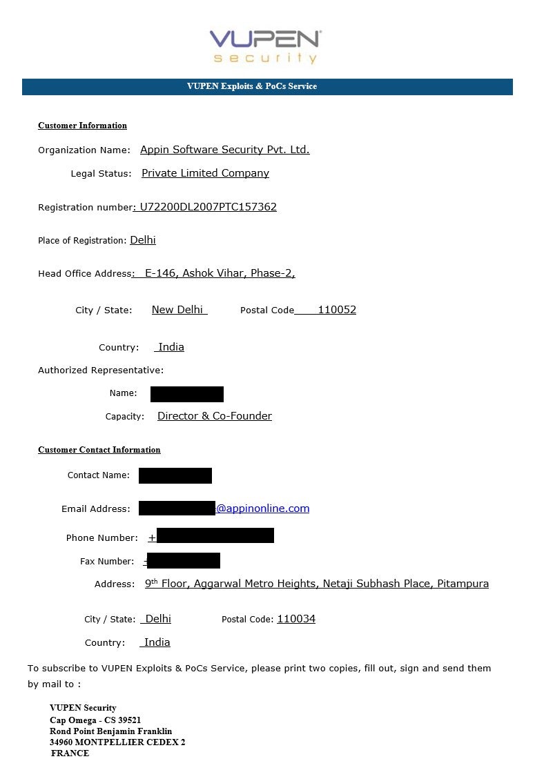 Vupen and Appin Exploit Subscription Agreement Document