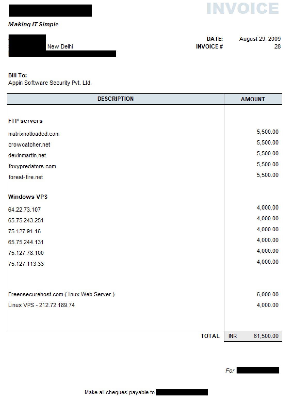 Invoice to Appin for Malicious FTP Domains and VPS Servers