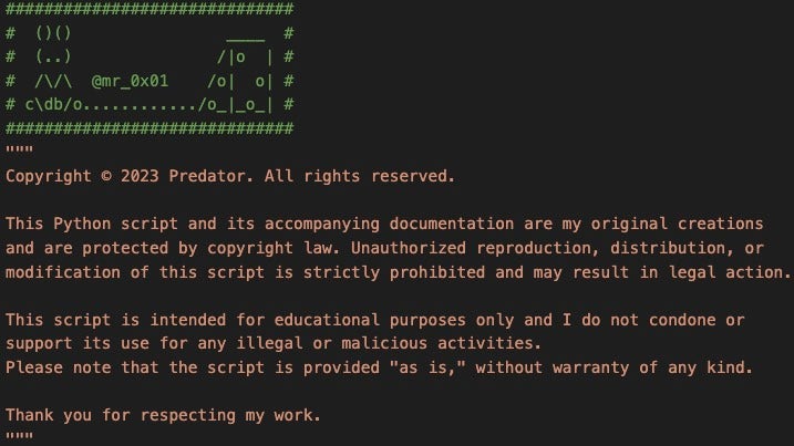 Developer’s message at the top of the Predator script