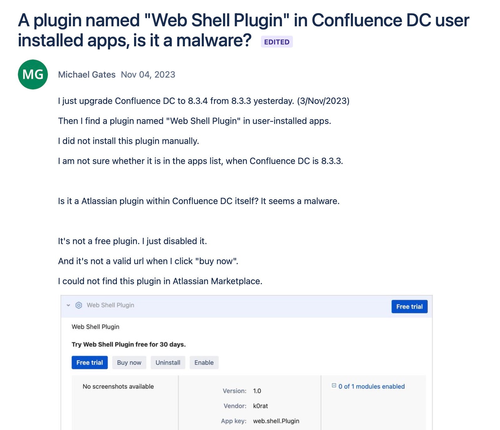Atlassian community posting on appearance of a malicious web shell
