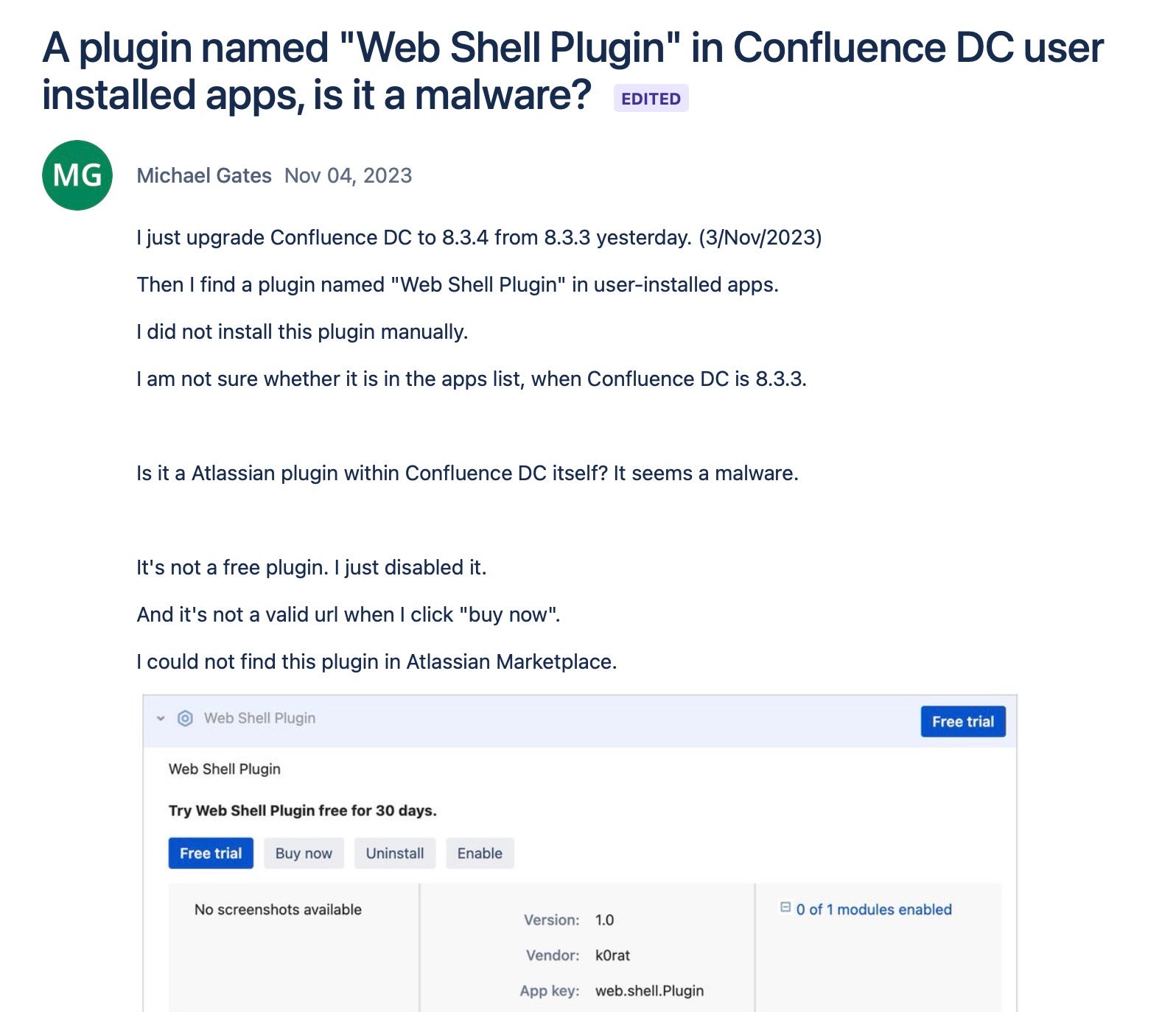 Atlassian 社区发布有关恶意 Web shell 出现的帖子 